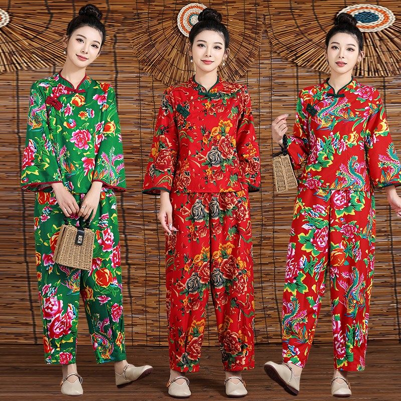 东北大花布衣服村姑姐妹装炸街聚会伴娘服中国风演出服喇叭袖套装