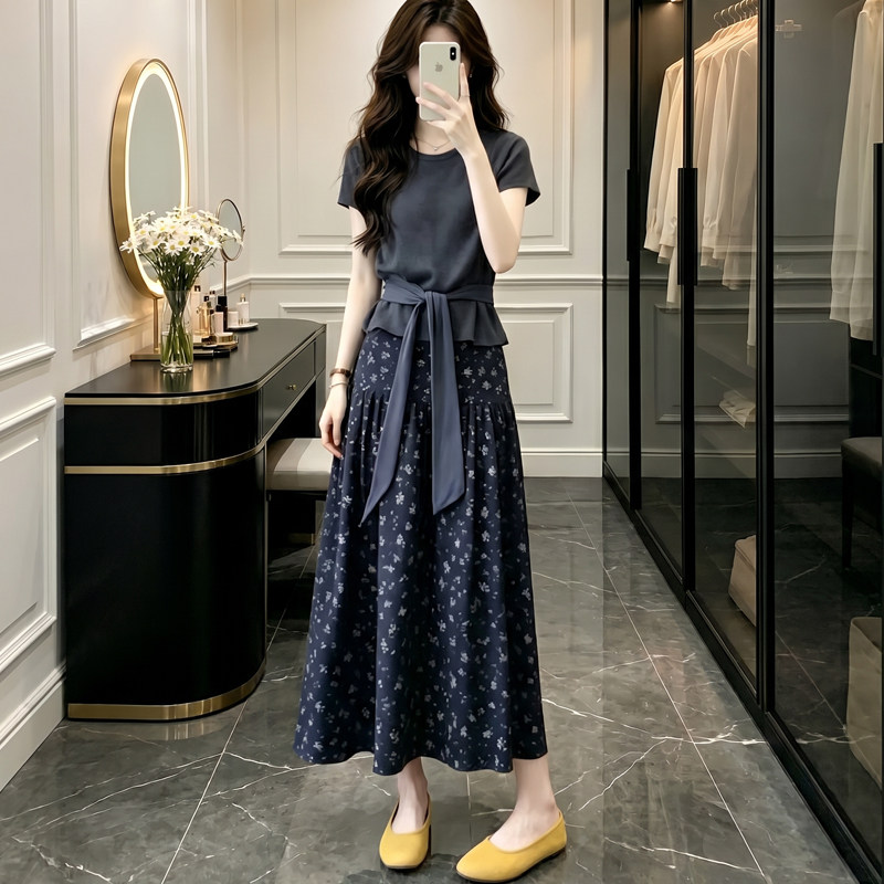 2026夏季搭配一整套碎花半身裙套装女大码胖mm绑带显瘦上衣两件套图片