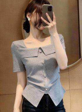 韩系灰色正肩方领修身大码开叉T恤女夏季微胖mm洋气显瘦短袖小衫