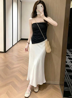 又酷又飒洋气减龄女士套装2026夏日黑色抹胸背心上衣鱼尾裙两件套
