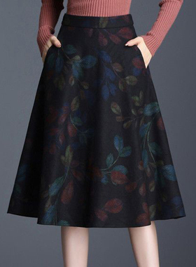 小个子韩版微胖mm高腰毛呢半身裙冬季大码女装别致百搭显瘦大摆裙