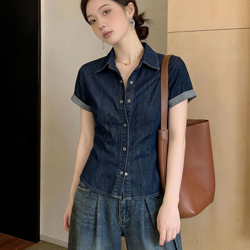 复古气质短袖大码女士牛仔衬衫2026夏季洋气胖mm掐腰显瘦百搭衬衣