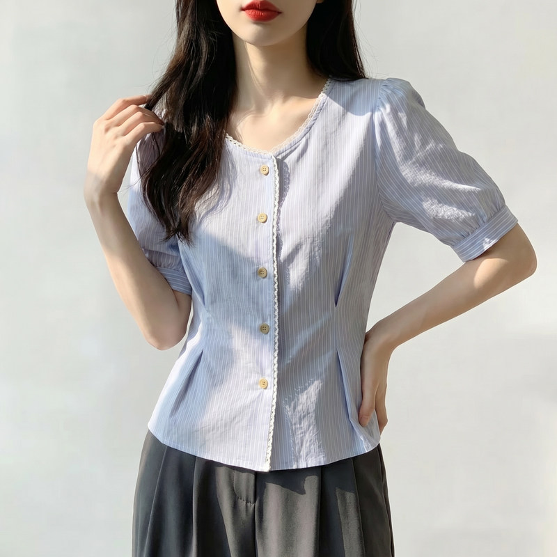 气质条纹花边圆领显瘦衬衣女2026夏季大码胖妹妹减龄收腰百搭衬衫