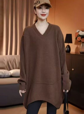 巨好看百搭V领大码圆弧下摆毛针织衫秋冬韩版胖mm遮肚子显瘦上衣