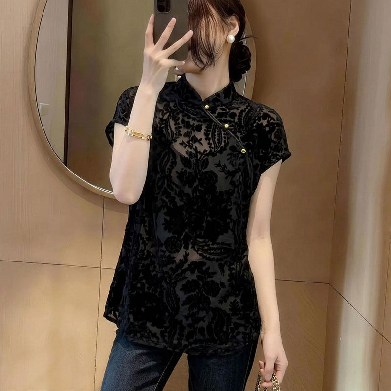 巨好看国风提花盘扣立领女士衬衫夏装大码胖mm宽松遮肚子显瘦上衣