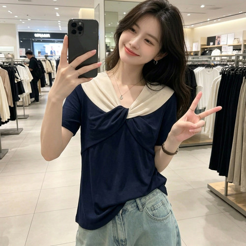 洋气扭结v领撞色拼接T恤衫女2026夏季大码微胖mm洋气显瘦宽松上衣