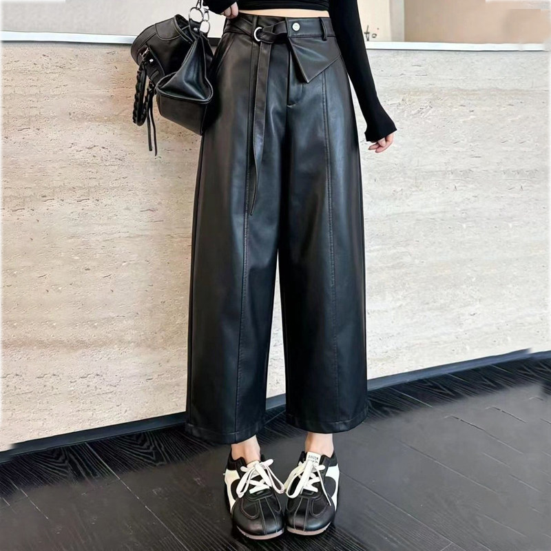 小个子胖mm高腰百搭九分休闲裤2026秋冬季大码女装宽松显瘦PU皮裤