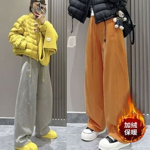 松紧腰抽绳显瘦弯刀裤 韩版 2025冬装 小个子松驰感加绒加厚休闲卫裤
