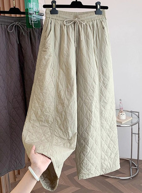 今年流行时尚菱格大码保暖夹棉裤2025冬装胖MM宽松垂感显瘦阔腿裤