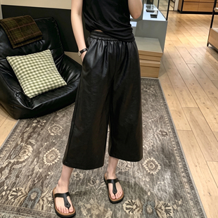 大码复古pu皮休闲七分裤女2026秋冬季胖mm高腰显瘦垂感百搭阔腿裤