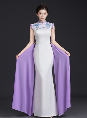 2025年新中式长款鱼尾旗袍晚礼服女气质修身形体走秀演出服晚宴