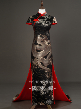 2026新品高端黑色长款模特队T台走秀旗袍晚礼服拖尾龙纹演出服