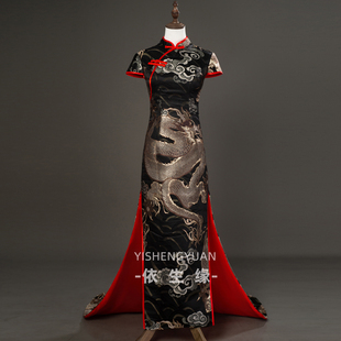 2026新品高端黑色长款模特队T台走秀旗袍晚礼服拖尾龙纹演出服