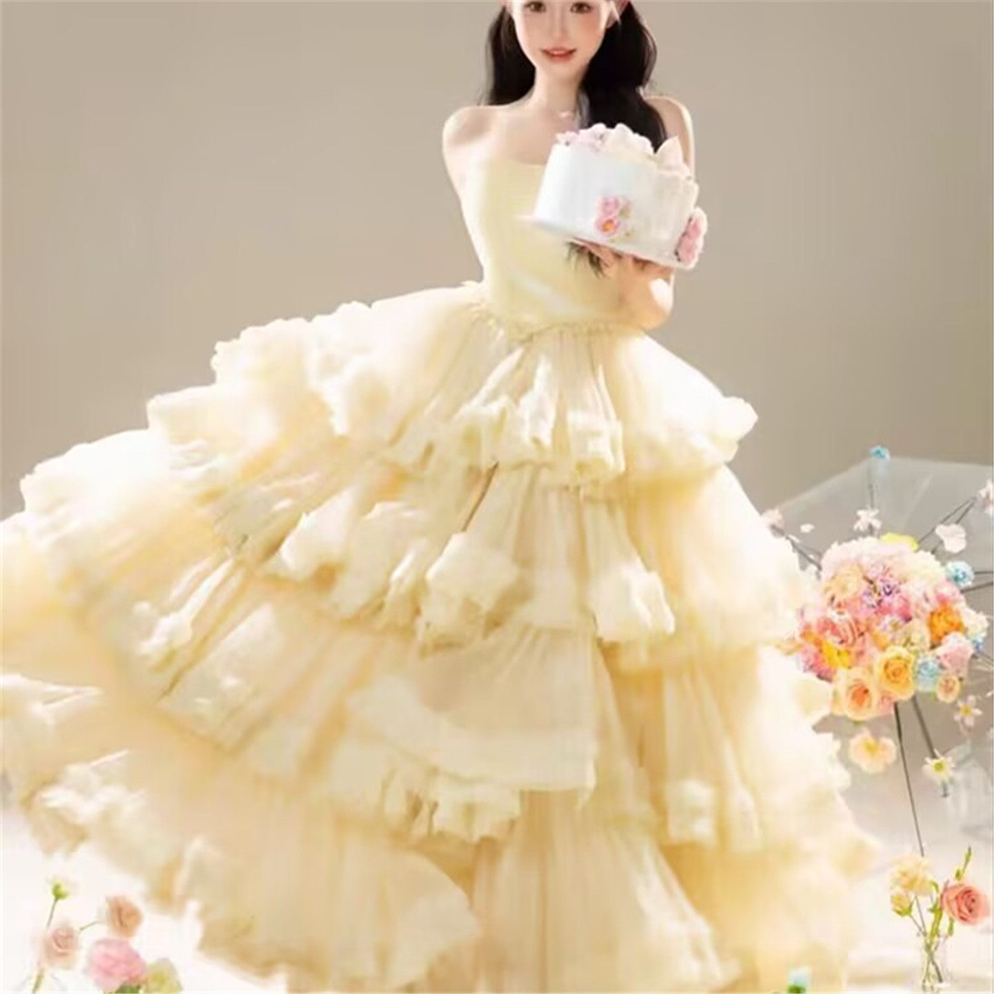 影楼主题彩纱新款高端主纱甜美仙气绑带森系草坪公主风浅黄轻婚纱