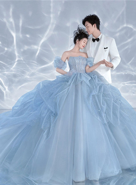 影楼主题服装蓝色摄影网纱唯美拖尾抹胸婚纱公主范甜美气质礼服森