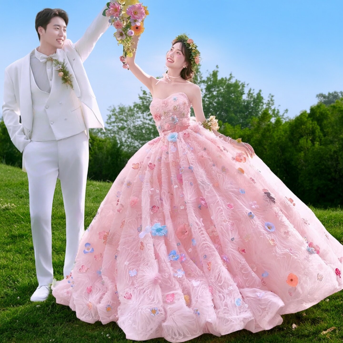 影楼主题粉色花神婚纱新款抹胸高级感旅拍摄影礼服森系仙女大蓬裙