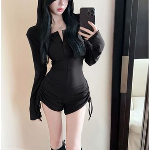 女显瘦外穿健身服紧身高腰长袖 辣妹连帽休闲连体裤 瑜伽连体衣