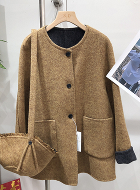 秋冬新款两面可穿羊绒大衣女士中长款小个子羊毛呢子外套连帽组合