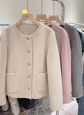 轻奢风蚕丝羊毛兔绒小金扣双面羊毛短大衣女式小个子定制外套秋冬
