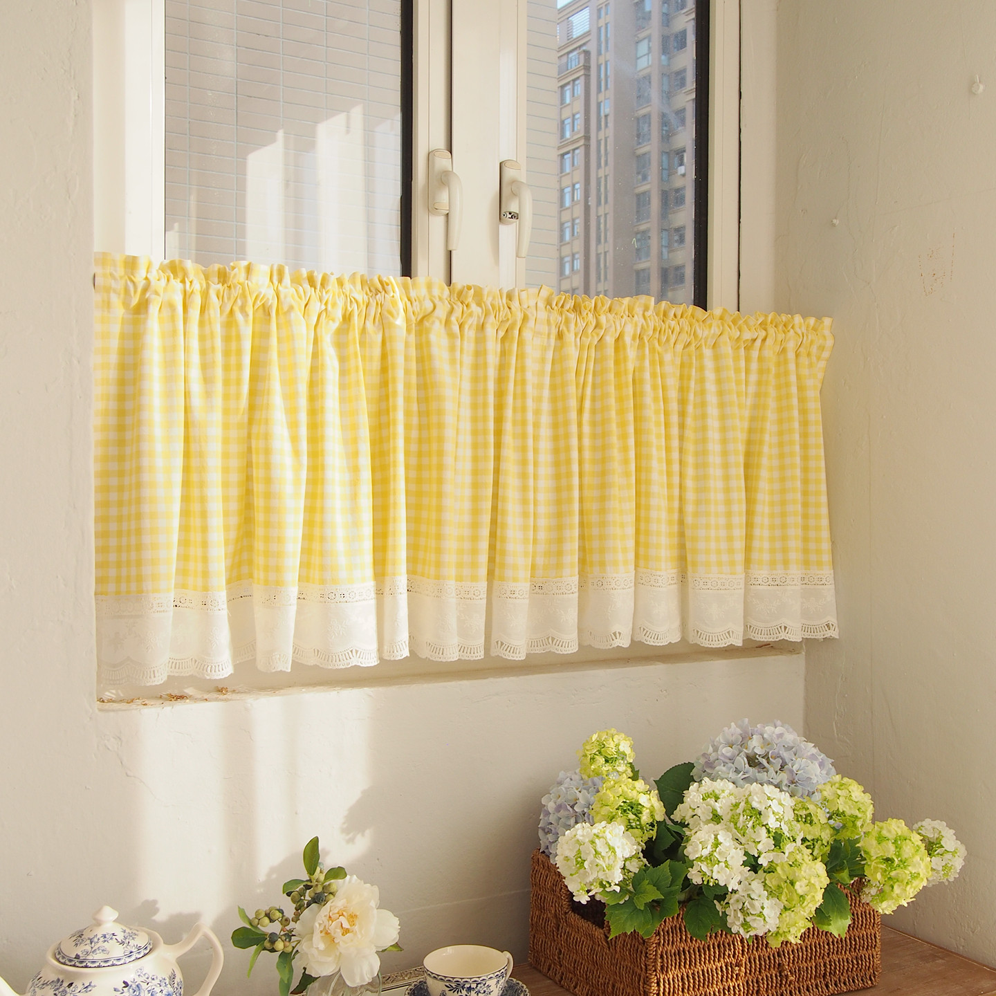 法式田园复古黄格蕾丝花边窗帘短咖啡帘厨房卧室纯棉遮挡短帘柜帘,居家布艺,成品窗帘,淘宝优惠券,粉丝福利购,淘宝优惠卷