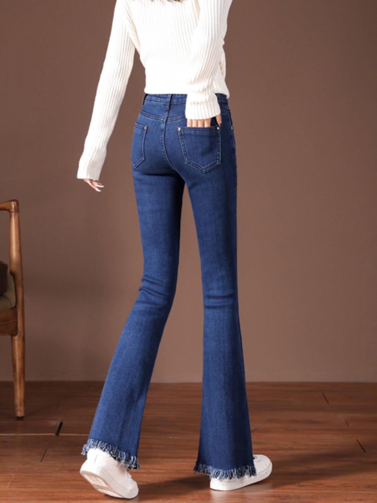 FLEECE MICRO FLARED JEANS WOMENS AUTUMN AND WINTER STRETCH HIGH-WAISTED SMALL BLACK SLIT EIGHT OR NINE POINTS WIDE-LEG PANTS ARE HIGH