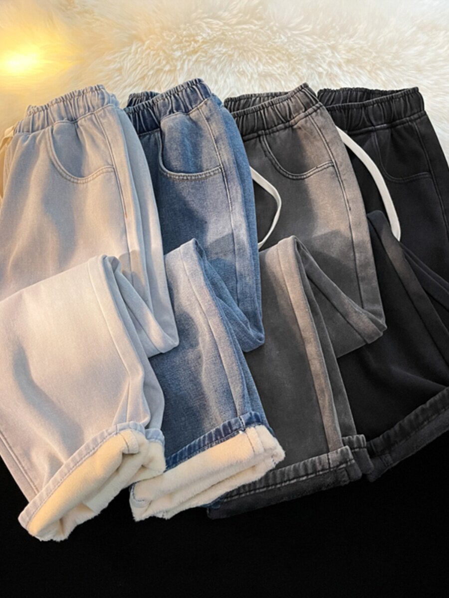FLEECE THICKENED STRAIGHT LEG JEANS WOMENS WINTER 2024 NEW SMALL MAN WIDE LEG COTTON ELASTIC WAIST AUTUMN AND WINTER PANTS