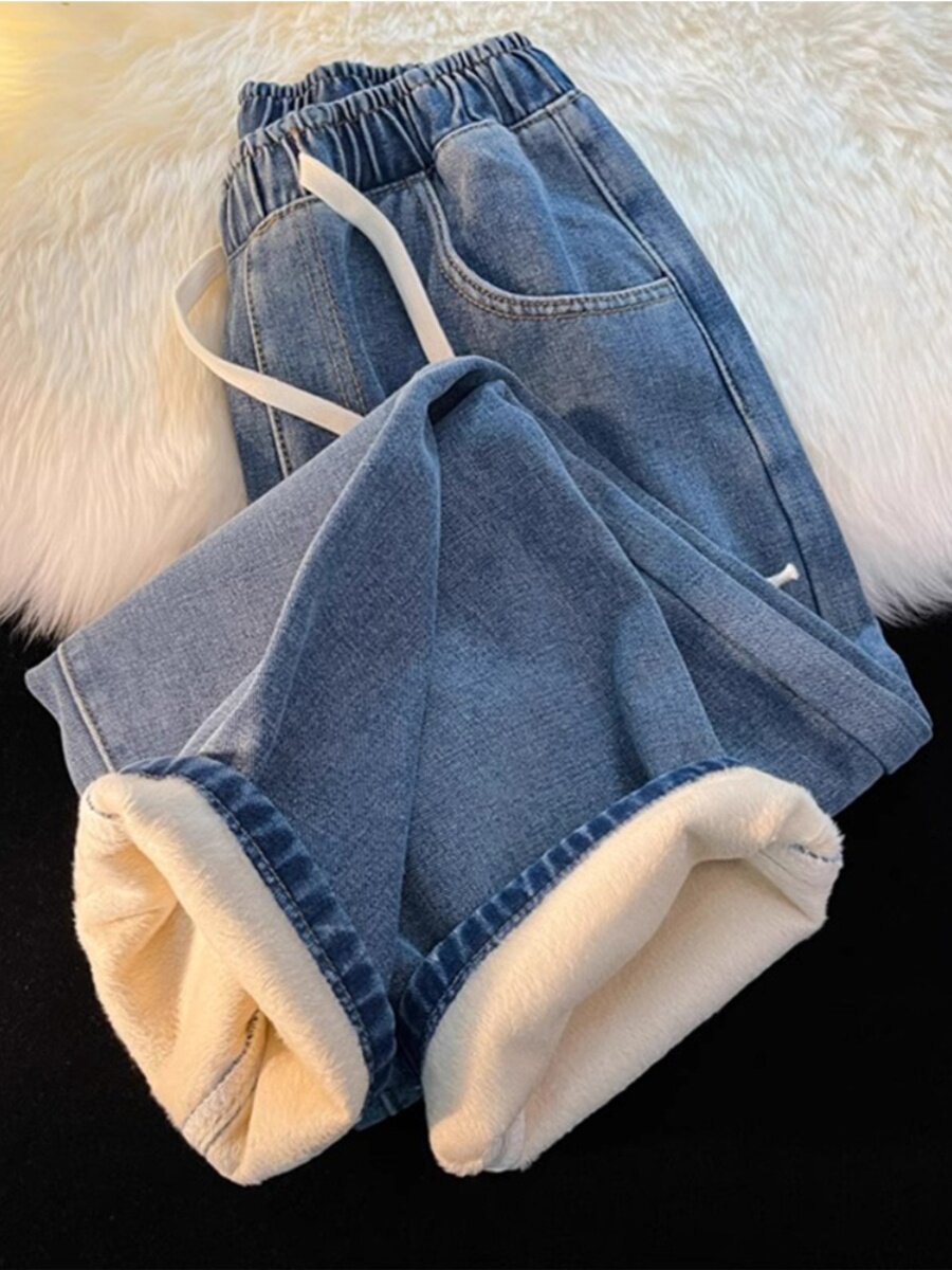 FLEECE THICKENED STRAIGHT LEG JEANS WOMENS WINTER 2024 NEW SMALL MAN WIDE LEG COTTON ELASTIC WAIST AUTUMN AND WINTER PANTS