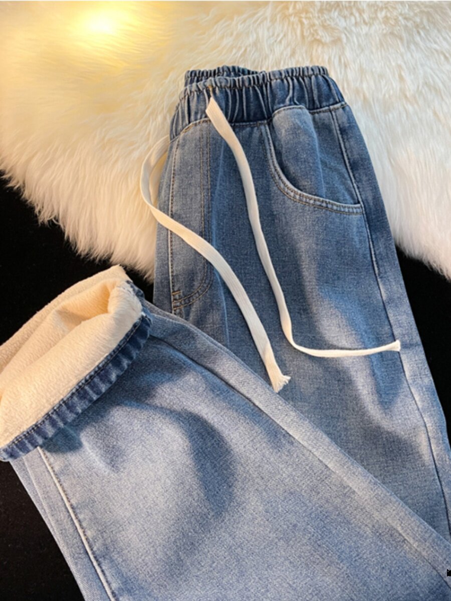 FLEECE THICKENED STRAIGHT LEG JEANS WOMENS WINTER 2024 NEW SMALL MAN WIDE LEG COTTON ELASTIC WAIST AUTUMN AND WINTER PANTS