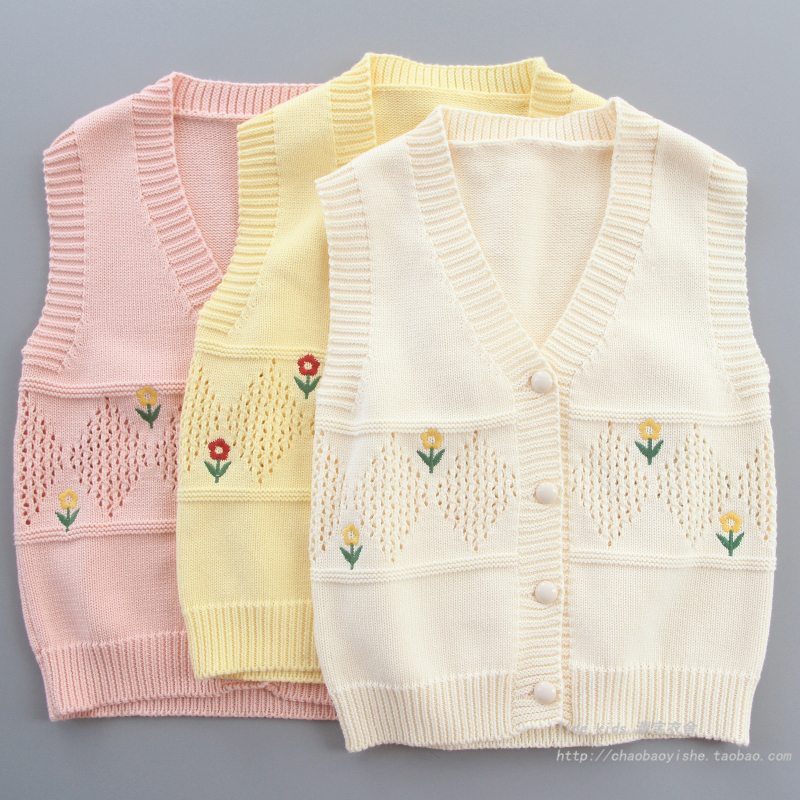 女童春秋小花刺绣纯棉马甲针织衫