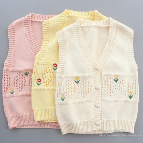 女童春秋小花刺绣纯棉马甲针织衫