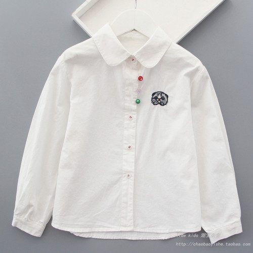 纯棉春秋装休闲翻领猫咪刺绣衬衫