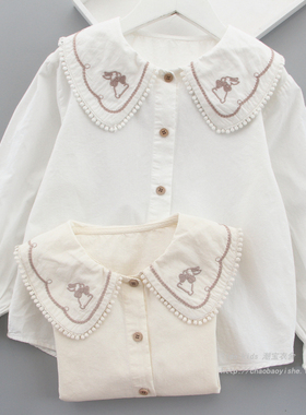 女童衬衫白色春秋装新款韩版儿童娃娃领刺绣长袖衬衣女孩纯棉上衣