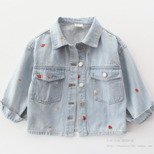 女童春秋款草莓刺绣翻领牛仔外套