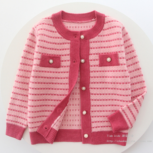 儿童洋气条纹上衣女孩小香风针织开衫 2024新款 女童毛衣外套春秋装