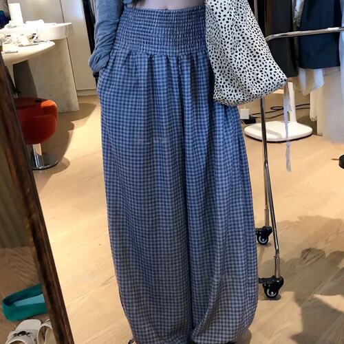 韩系蓝色格子阔腿裤长裤子女夏季小个子气质高腰百搭休闲灯笼裤子