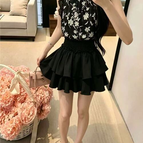 法式淑女风无袖蕾丝衬衫高腰蛋糕裙两件套夏季套装女