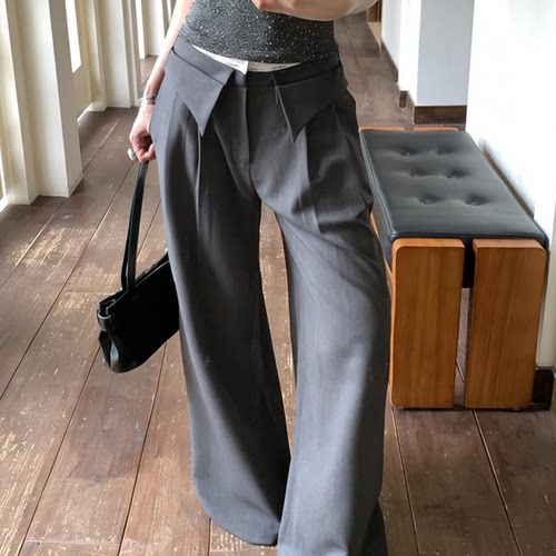 实拍实价夏季辣妹撞色翻折边显瘦直筒阔腿宽松垂坠感拖地西装裤
