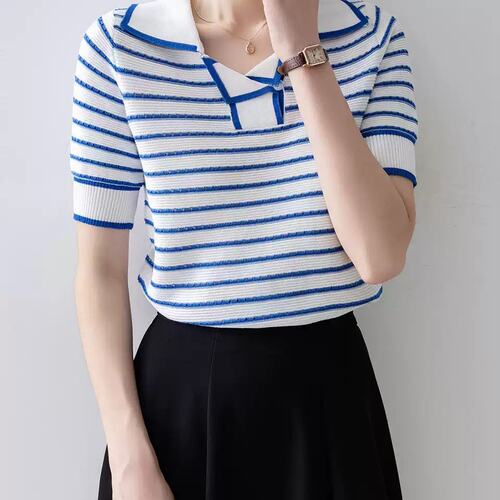 法式复古上衣2026年新款夏季女装翻领撞色蓝色条纹短袖针织打底衫