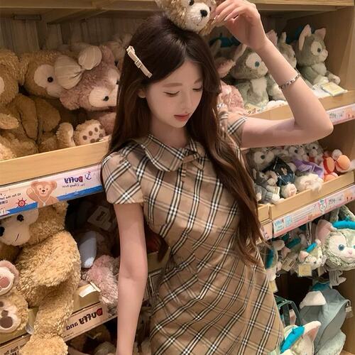 中古少女裙子收腰娃娃领格纹裙千金感甜美连衣裙显瘦款超好看女装