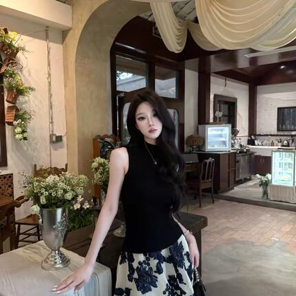 AWMUMU法式名媛风蓝色刺绣花朵半身裙女修身显瘦高腰蓬蓬裙短裙子