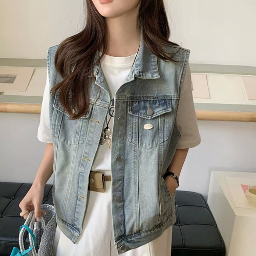 欧货复古洋气设计感无袖牛仔马甲背心女设计感小众坎肩马夹上衣