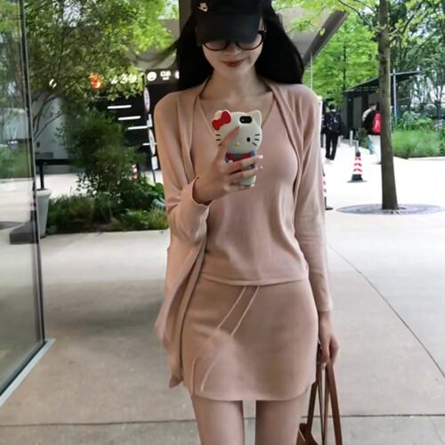 温柔风套装女春季天丝亚麻开衫背心半身裙三件套