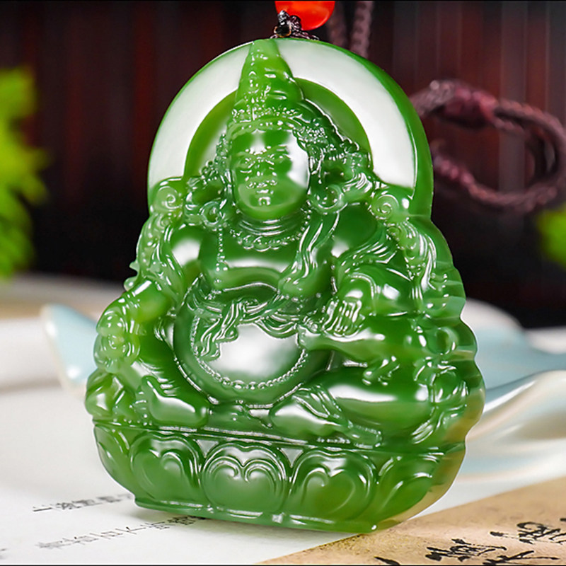 新疆冯立辉作品和田玉俄料阳绿7号矿碧玉黄财神挂件41.60克