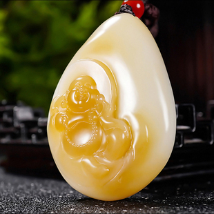 新疆大师冯立辉作品和田玉且末金山料糖羊脂白玉笑佛挂件50.17克