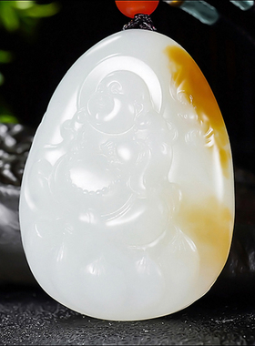 新疆大师郭磊和田玉且末金山料糖羊脂白玉笑佛佛公挂件 29.02克