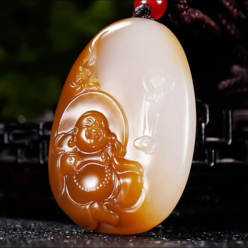 新疆大师冯立辉作品和田玉且末金山料糖羊脂白玉笑佛挂件18.65克