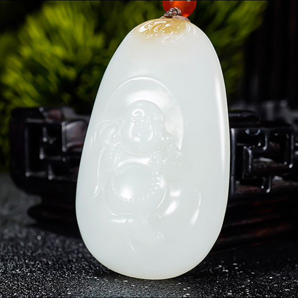 新疆大师冯立辉作品 和田玉且末料糖羊脂白玉笑佛挂件29.01克