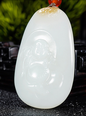 新疆大师冯立辉作品 和田玉且末料糖羊脂白玉笑佛挂件29.01克