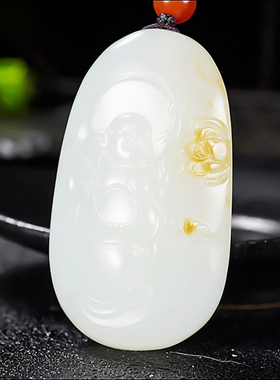 新疆大师冯立辉作品和田玉且末料糖羊脂白玉笑佛28.88克