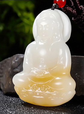新疆冯立辉作品和田玉糖羊脂白玉且末金山料正装观音挂件31.54克